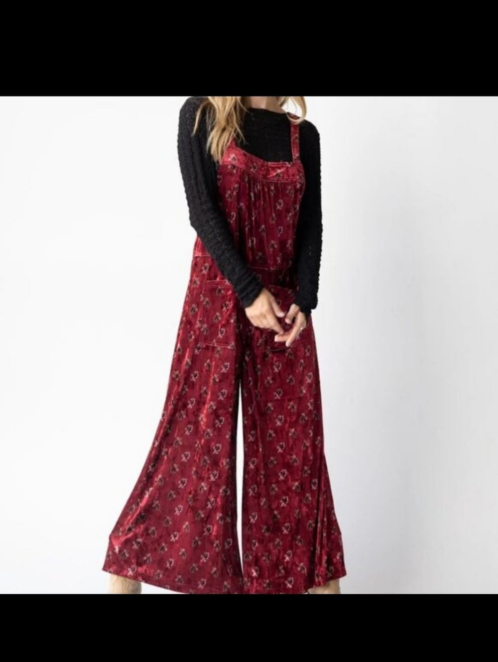 Natural Life Velvet Floral Wide-Leg Burgundy Overalls Size XL